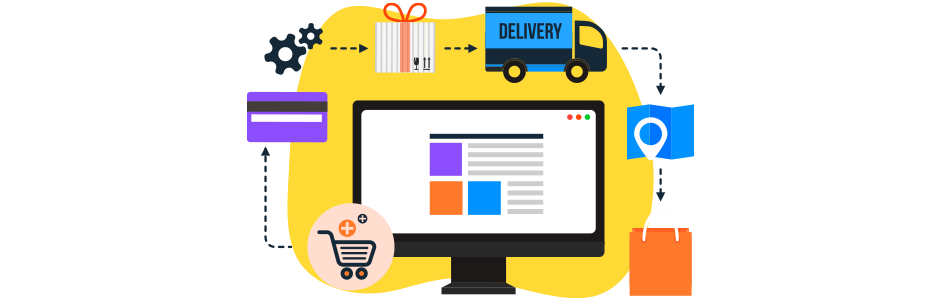 Ícones representando o processo do usuário até a compra em um e-commerce que cria estratégias de vendas online eficientes. 