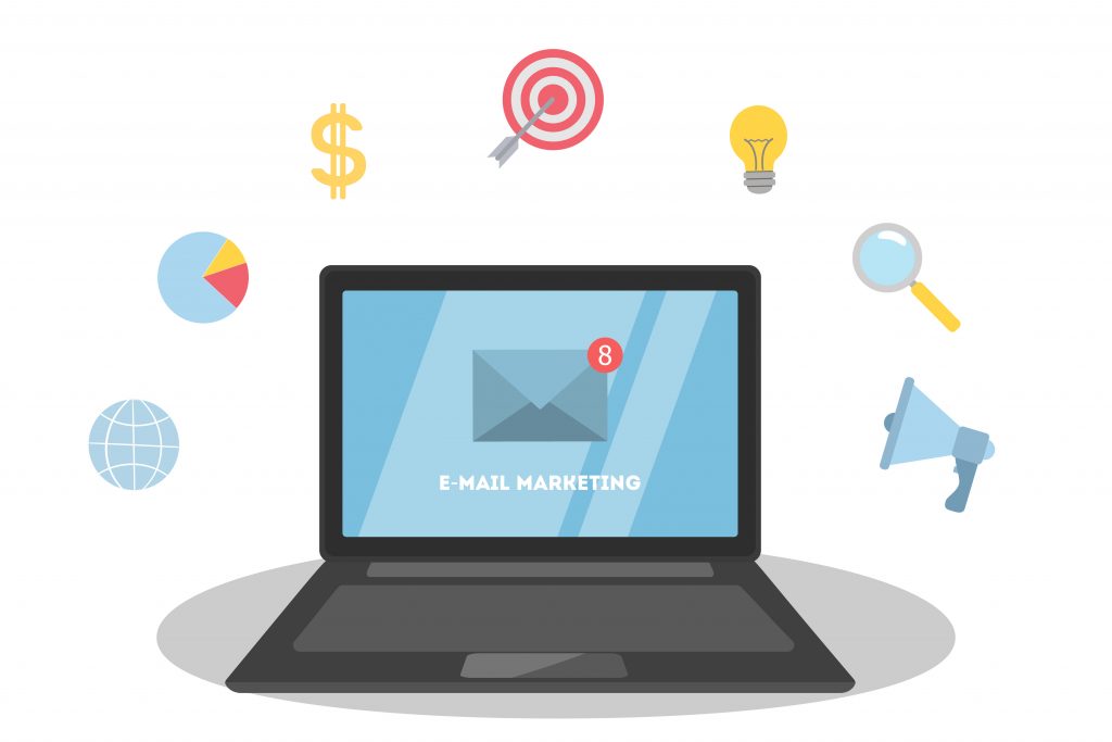 Imagem vetorizada mostrando um laptop com simbolos de marketing ao seu redor e na tela do laptop está escrito e-mail marketing
