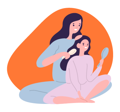 Mãe penteando cabelo da filha em campanha de dia das mães.
