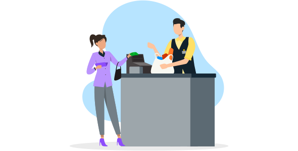 Ilustração mostrando um vendedor e sua consumidora, realizando uma compra e gerando dados para o marketing inteligente. 