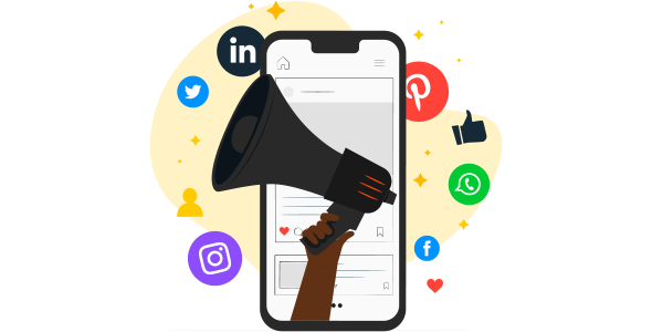 Celular trazendo os ícones representando as funcionalidades presentes no mundo digital mostrando a importância de unir marketing digital e mídias sociais. 
