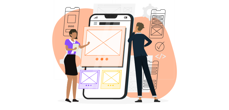Vetor com pessoas construindo algo na tela de um smartphone, representando as adequações de um site após entendimento sobre a inteligência de mercado. 