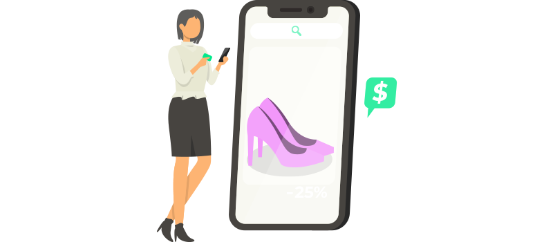 Ilustração de uma mulher segurando seu celular e um cartão, com o objetivo de comprar um sapato, remetendo à uma campanha de people marketing 