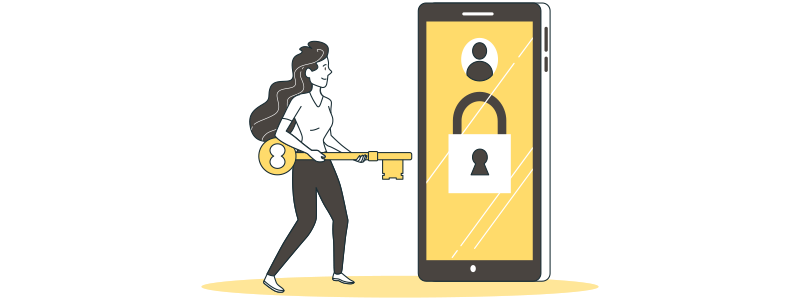 Ilustração de uma mulher com uma chave, desbloqueando o celular que tem segurança de dados.
