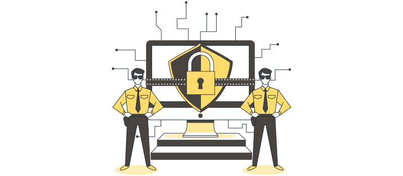 Ilustração de dois homens vestidos como seguranças parados em frente a um notebook, contendo um cadeado para representar a segurança de dados.