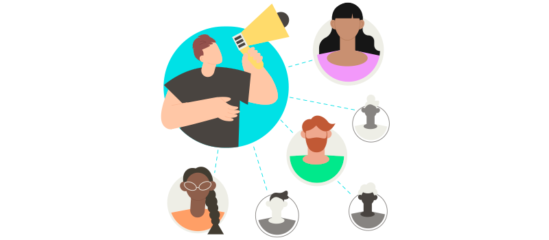Imagem de pessoas sendo conectadas enquanto outra pessoa anuncia, ilustrando as conexões sociais.