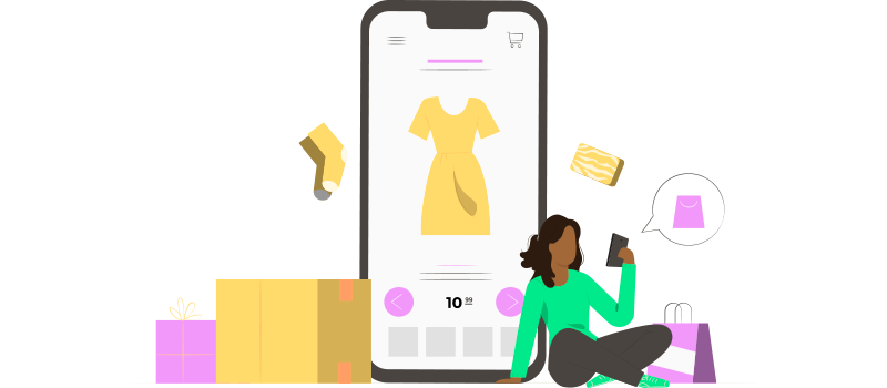 Ilustração de uma mulher próxima a um celular, cercada por ilustrações de roupas e efetuando uma compra. Exemplifica uma ação por marketing de experiência
