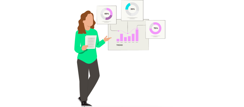 Ilustração de uma mulher apresentando gráficos de resultados positivos, resultado do marketing de experiência