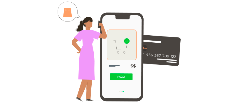 Ilustração de uma pessoa efetuando uma compra pelo celular, representando um dos 5 estágios no ciclo de vida do cliente.